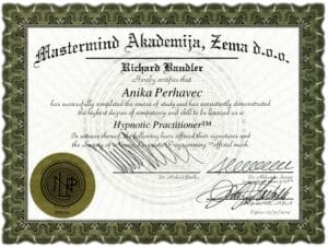 Hypnotic Practitioner certifikat Anika Perhavec – Mastermind Akademija, dr. Aleksander Šinigoj.