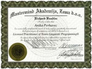 NLP Practitioner certifikat Anika Perhavec – Mastermind Akademija, dr. Aleksander Šinigoj.