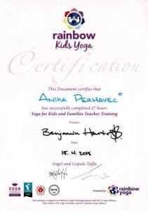 Rainbow Kids Yoga certifikat Anika Perhavec – Yoga for Kids and Families Teacher Training.