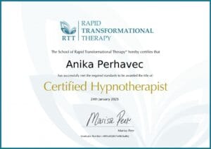Certifikat Anika Perhavec – RTT Certified Hypnotherapist po metodi Marise Peer.