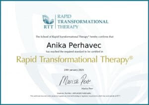 RTT certifikat Anika Perhavec – Rapid Transformational Therapy pri Marisi Peer.