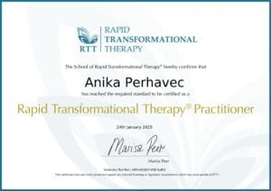 RTT Practitioner certifikat Anika Perhavec – Marisa Peer šola hipnoterapije.