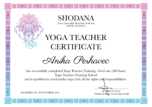 Certifikat učiteljice joge Anika Perhavec – Shodana Yoga Teacher Training School.